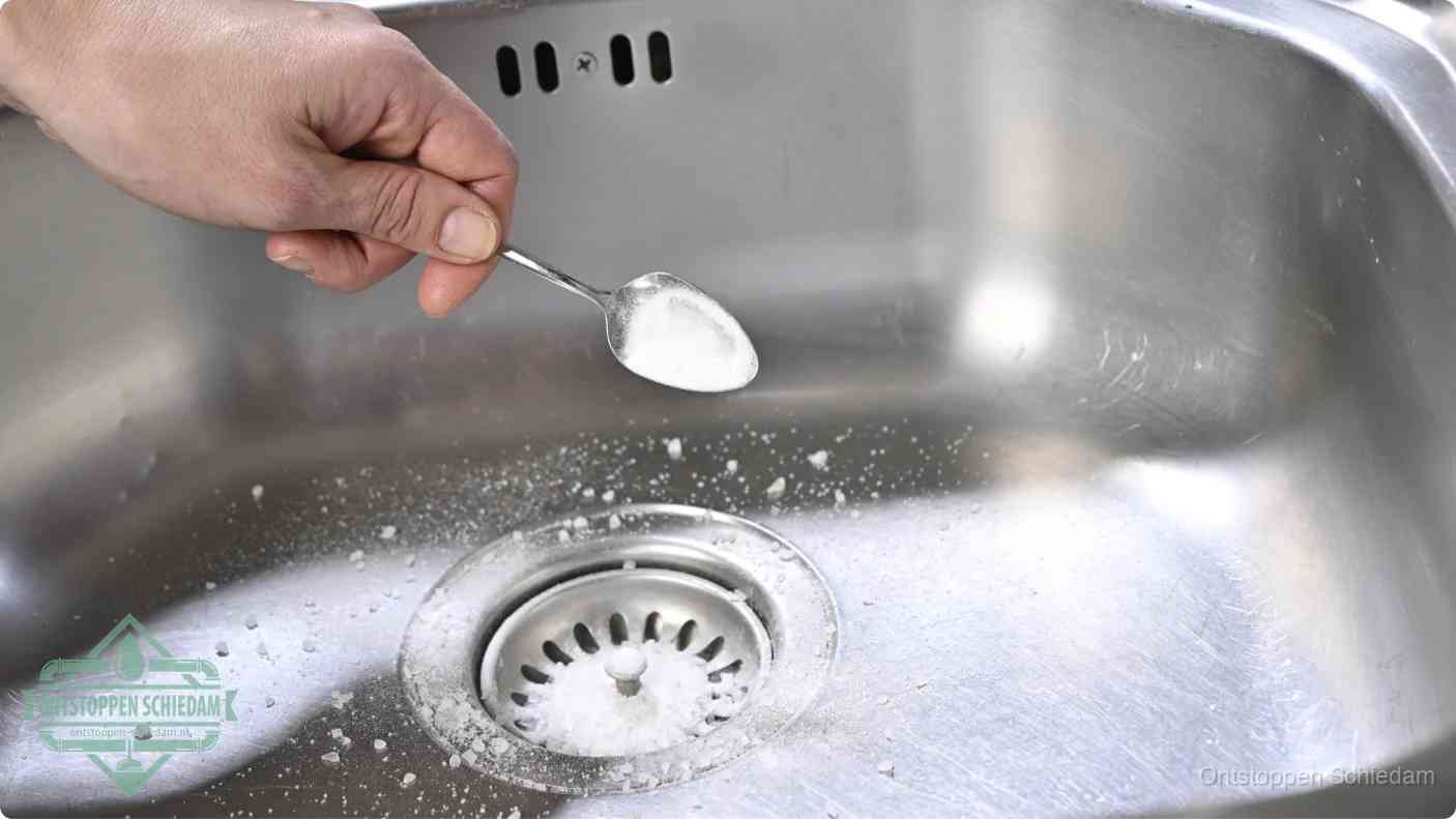 Een hand strooit met een lepel soda in de afvoer van een roestvrijstalen spoelbak, de soda en azijn huismiddel-methode om de afvoer te ontstoppen in Schiedam