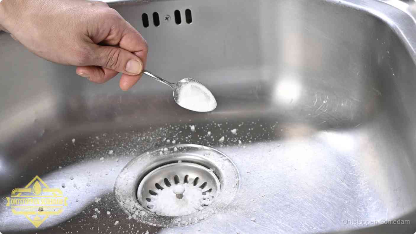 Een hand strooit met een lepel soda in het afvoerputje van een rvs spoelbak, de soda en azijn huismiddel-methode in Schiedam