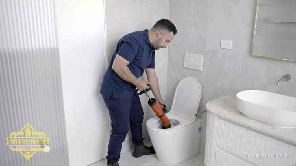 Een monteur buigt over een wandcloset en duwt met de hand een persluchtontstopper in de toiletpot om de verstopping handmatig los te maken in Schiedam