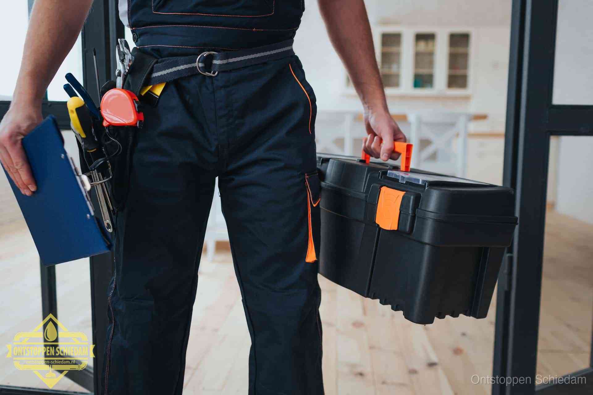Een monteur met gereedschapsriem en klembord in een keuken, klaar om een transparante prijs voor het gootsteen ontstoppen in Schiedam te geven