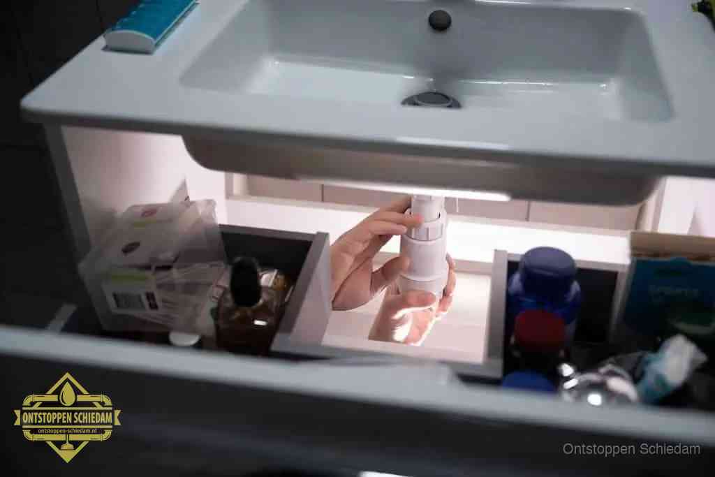 Een pompfles met zeep boven een wastafel in de toiletruimte, de warm water en afwasmiddel-methode om de wc te ontstoppen in Schiedam