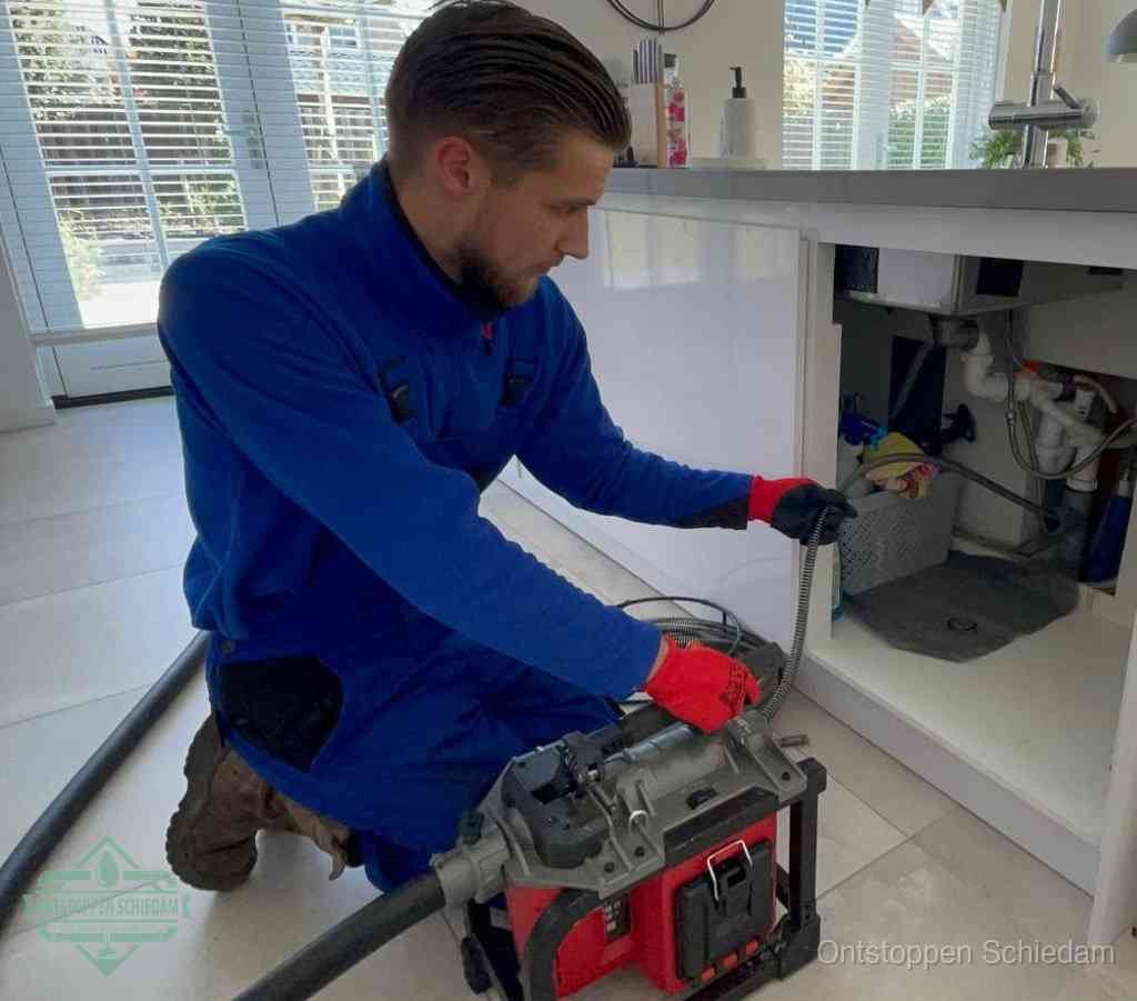 Een monteur met rode handschoenen knielt in een keuken en voert een elektrische ontstoppingsveer in tijdens het professioneel afvoer ontstoppen in Schiedam