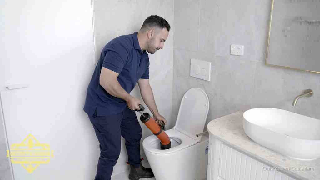 Een monteur gebruikt een handmatige perspomp (toiletontstopper) op een wandcloset tijdens het professioneel wc ontstoppen in Schiedam